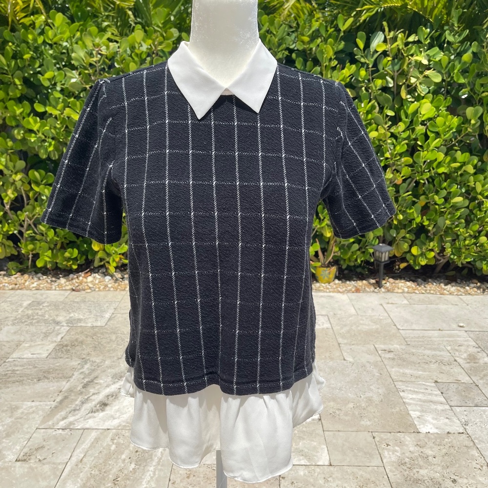 LOFT black knit top with collar and faux undershirt, size M